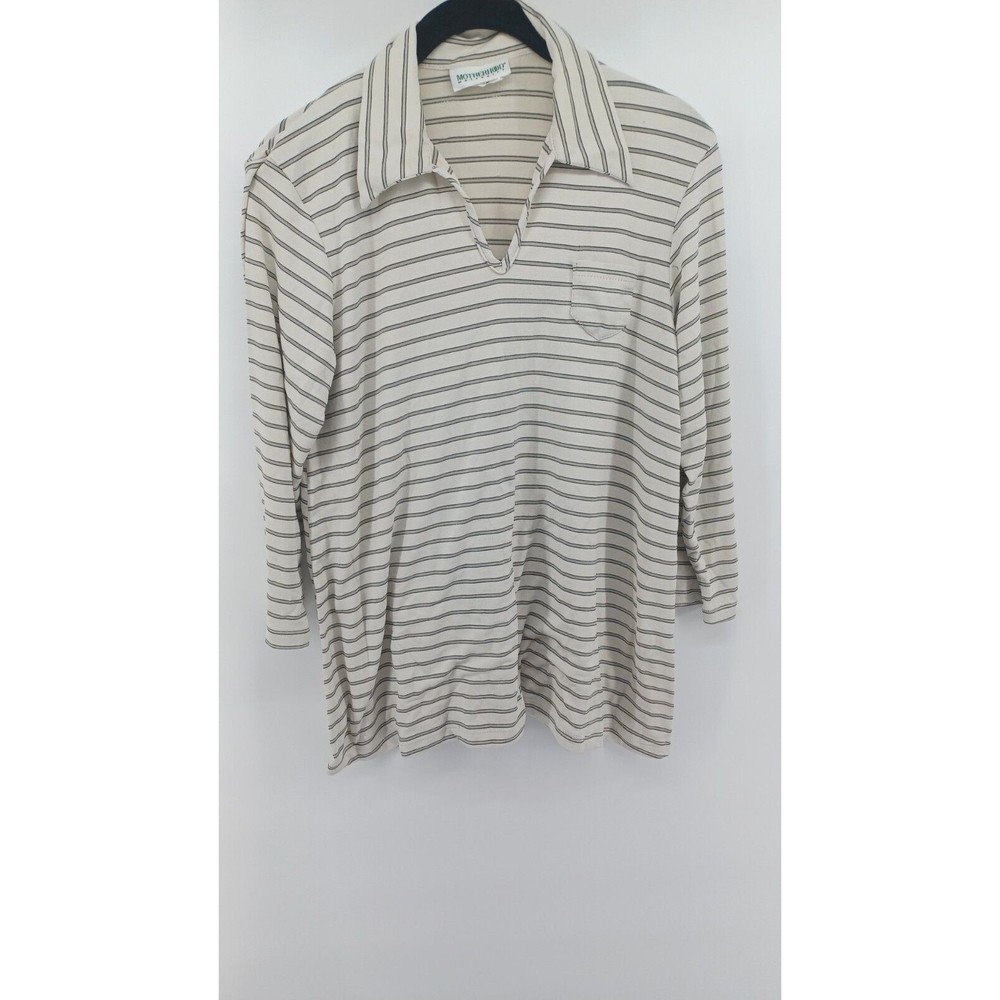 Motherhood Maternity Striped Top Medium Beige 3/4 Sleeve V-Neck Collard.